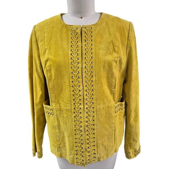 90s Bradley Bayou Yellowish Green Suede Jacket with Metal and Braided Accents XL - Picture 1 of 5